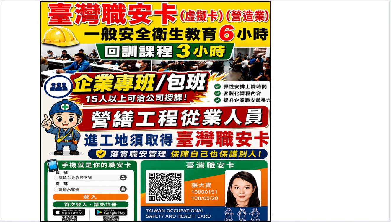 職安卡 臺灣職安卡 職安卡課程 職安卡報名 職安卡上課 一般安全衛生教育訓練 一般安全衛生教育訓練6小時 營造業職安卡 營造業6小時 小綠卡 職業安全衛生教育訓練 職安證照 營造業安全教育 新進勞工教育訓練 桃園職安卡 新北職安卡 台北職安卡 新竹職安卡 基隆職安卡
