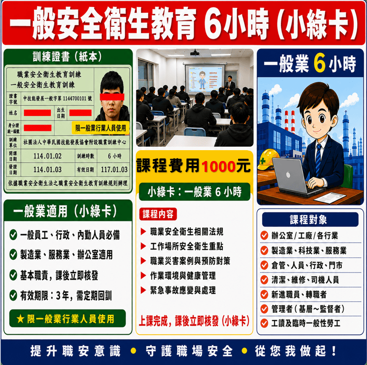 一般安全衛生教育訓練, 安全衛生課程, 6小時安全衛生訓練, 職場安全教育, 職業安全衛生, 一般職安教育, 職安卡安全衛生證照班, 安全衛生必修課程, 職安教育訓練班, 桃園新北台北新竹一般安全衛生教育訓練