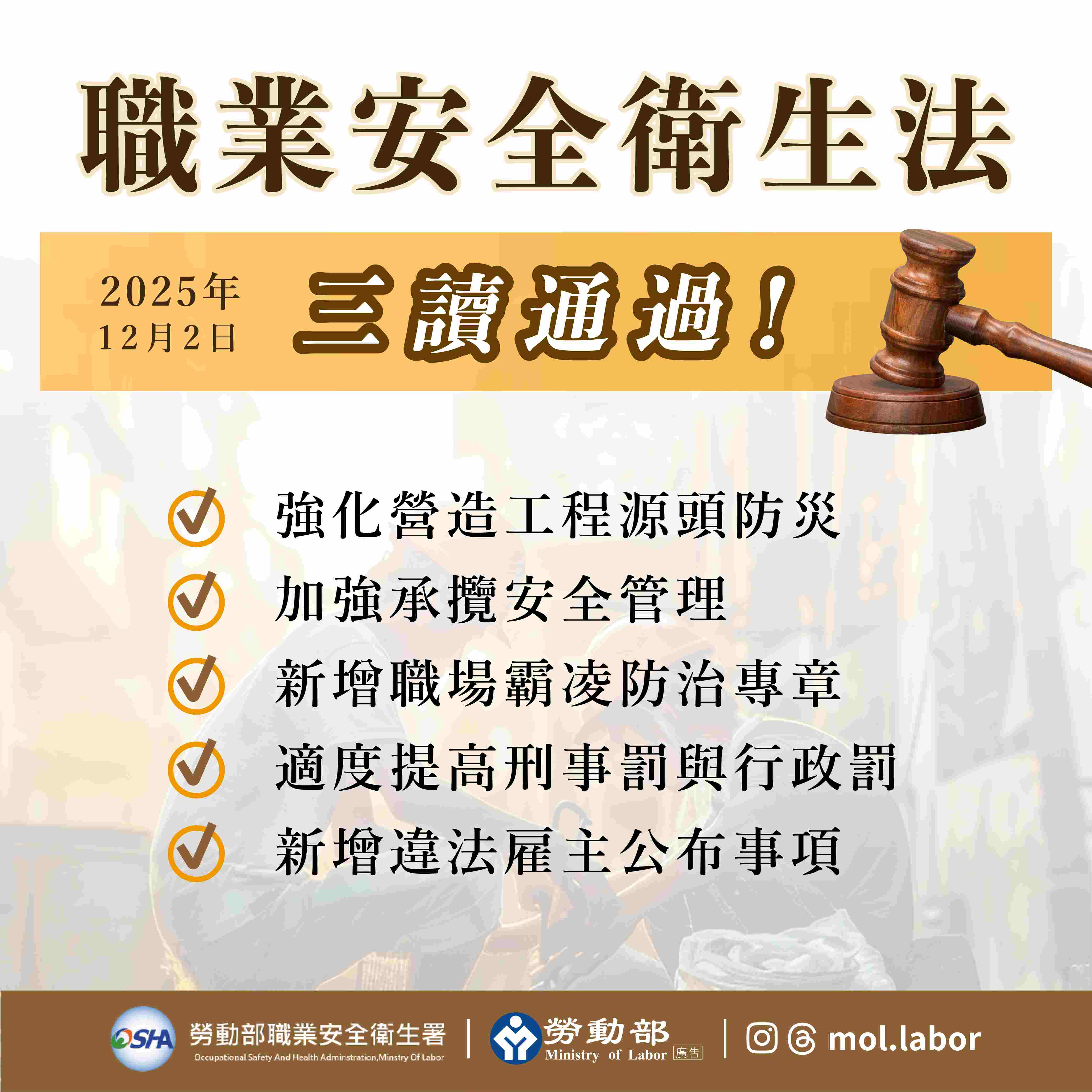 立法院三讀通過「職業安全衛生法」部分條文修正案