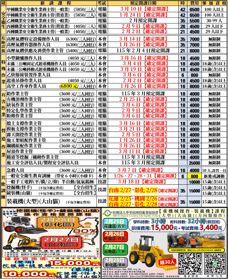 【最新開課時間表，補助課程名額有限】