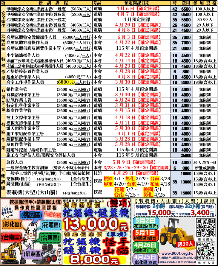 【最新開課時間表，補助課程名額有限】