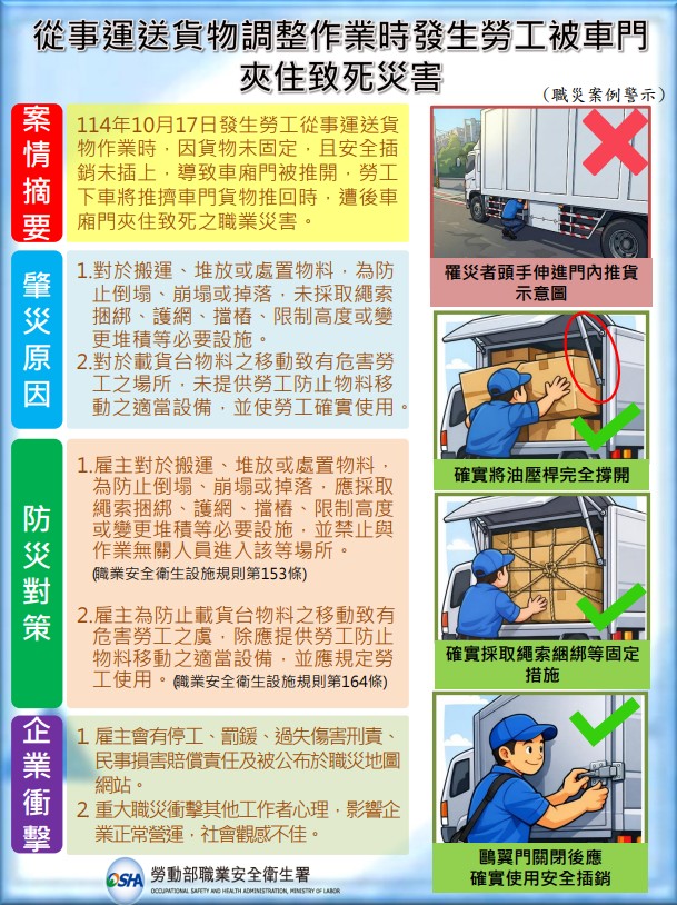 從事運送貨物調整作業時發生勞工被車門夾住致死災害