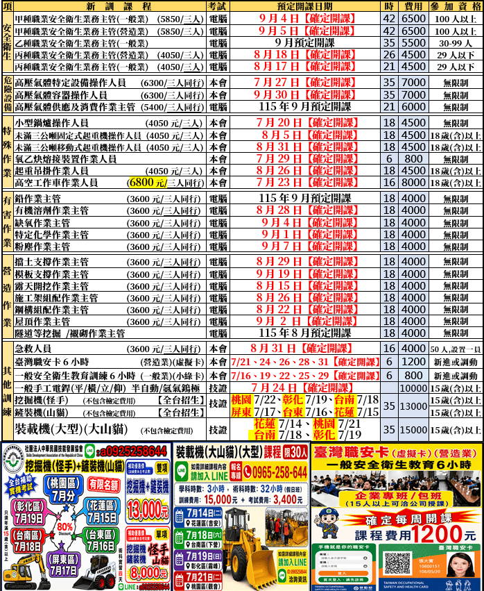 【最新開課時間表，補助課程名額有限】