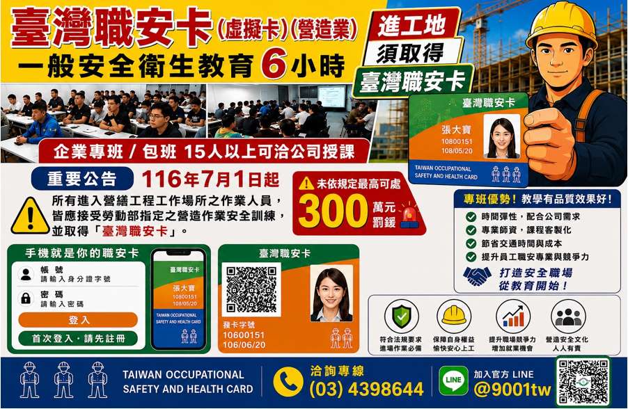 臺灣工地 營造工地入口 工地大門 門禁管制 臺灣職安卡 職安卡 QR Code 手機 APP 身分驗證 工人刷卡 安全帽 反光背心 工地主任 保全人員 禁止進入標誌 工地柵欄 數位管理 工地安全 智慧工地 建築工地 吊車 鋼筋建築 鷹架 挖土機 工程車 警示標誌 現代科技 藍白色科技風 高解析海報 寫實風格 4K