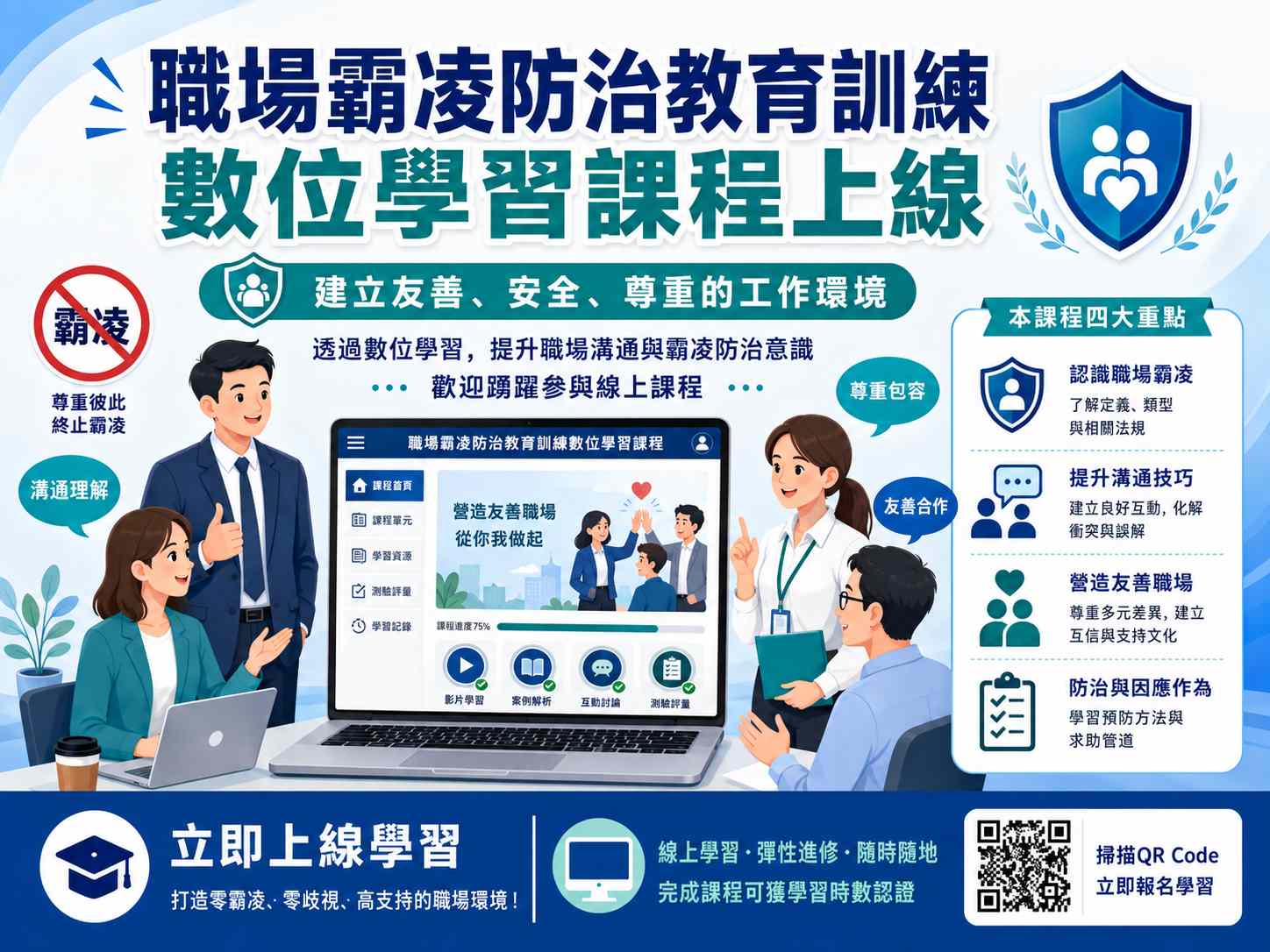 職場霸凌, 職場霸凌防治, 職場霸凌教育訓練, 職場霸凌課程, 數位學習課程, 職安署, 職業安全衛生法, 職安法, 職場不法侵害, 霸凌調查, 調查策略, 訪談技巧, 調查報告撰寫, 職場霸凌申訴, 職場霸凌調查人員, 職業安全衛生教育訓練