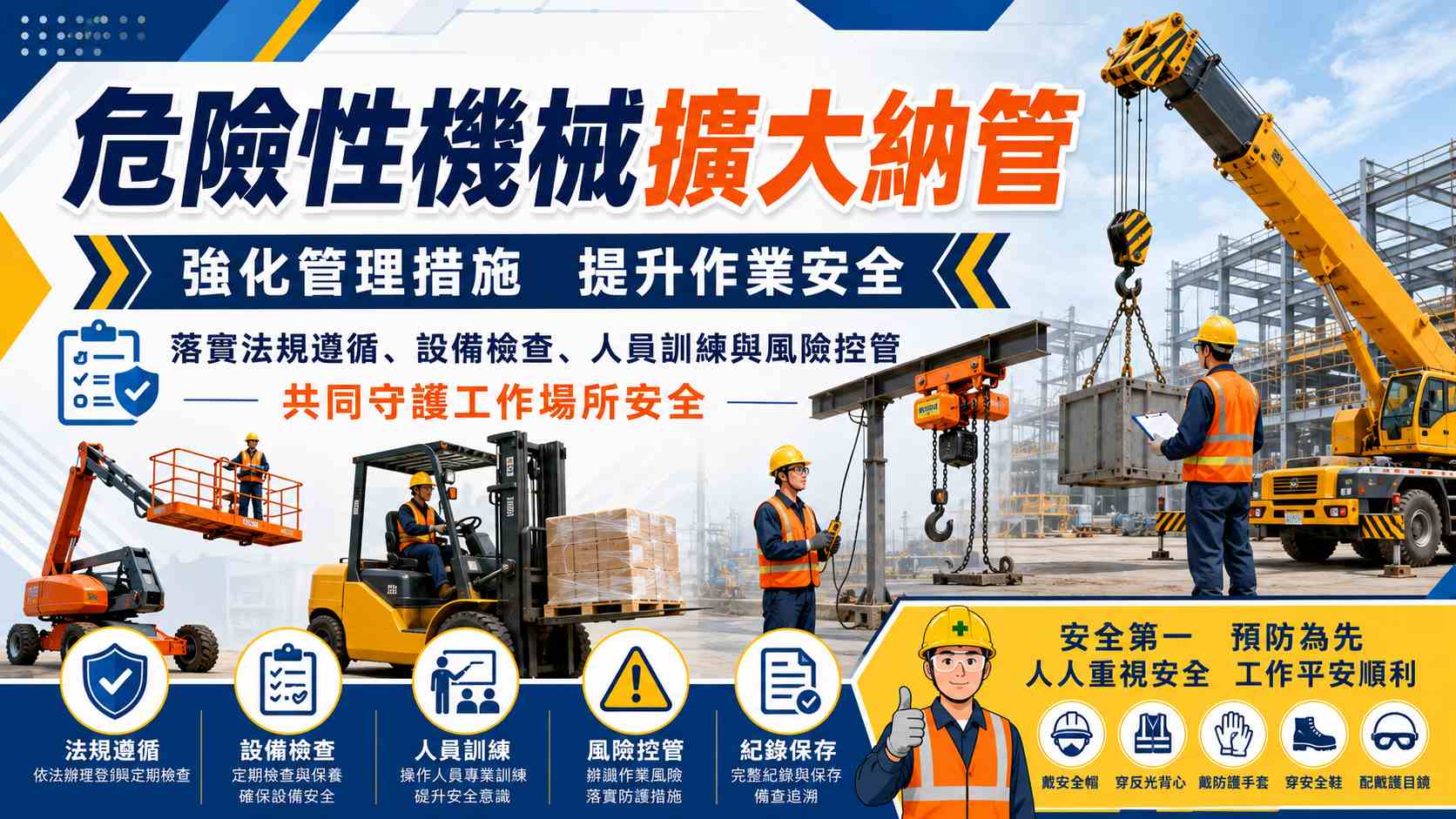 危險性機械, 危險性機械擴大納管, 職業安全衛生, 職安法, 危險性機械管理, 機械設備安全, 定期檢查, 設備檢查, 起重機, 吊車, 天車, 升降機, 營建機械, 機械操作人員, 作業安全, 職安教育訓練, 風險管理, 職場安全